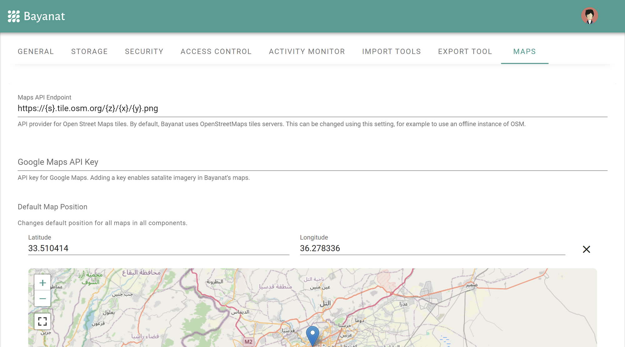 Bayanat map settings interface