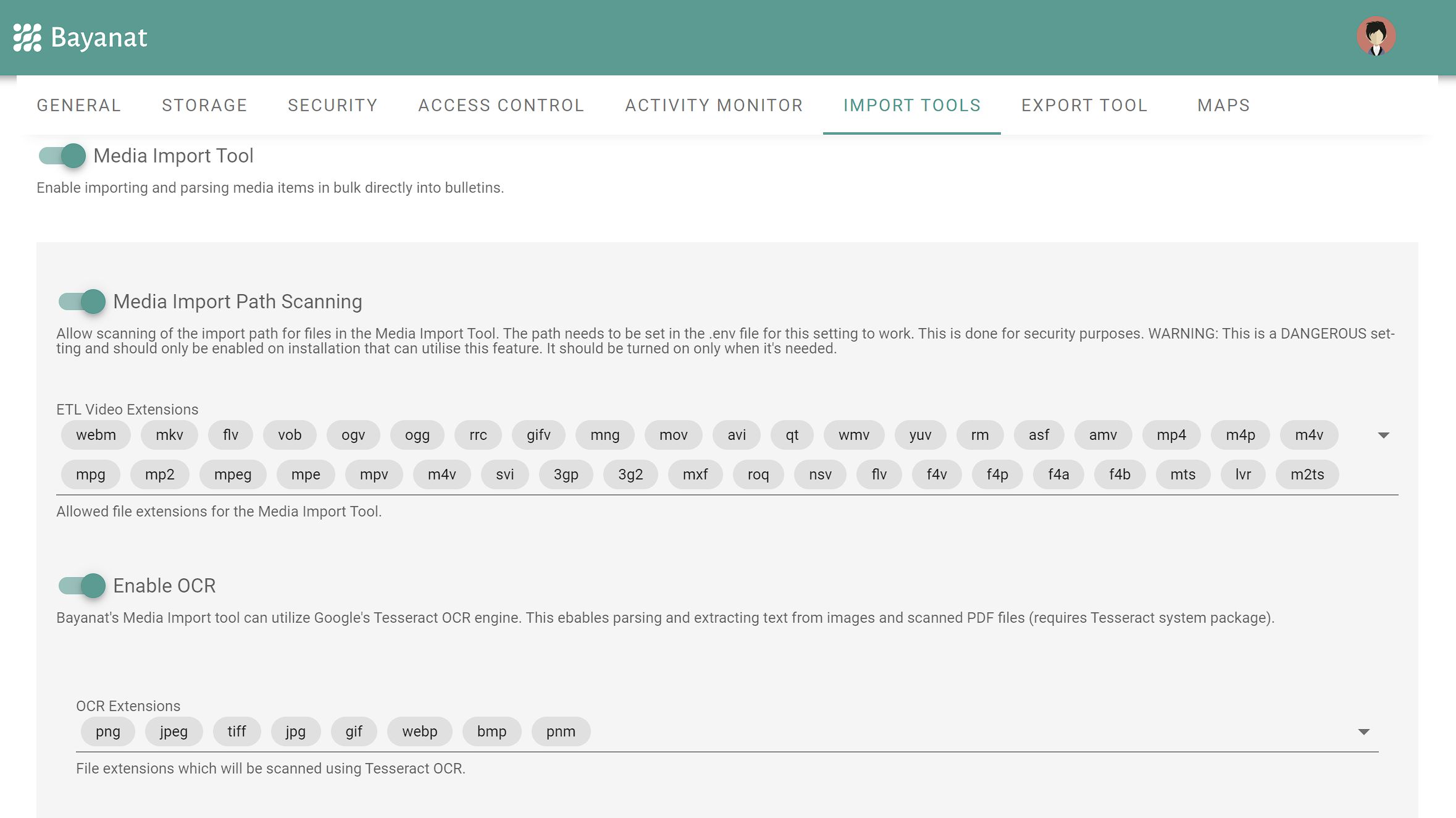 Bayanat import tool settings interface